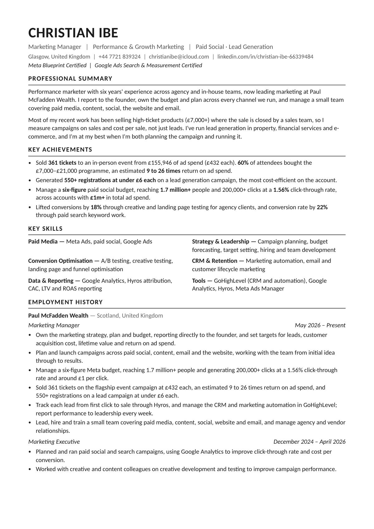 Christian Ibe CV, page 1: profile, key achievements, skills and employment history