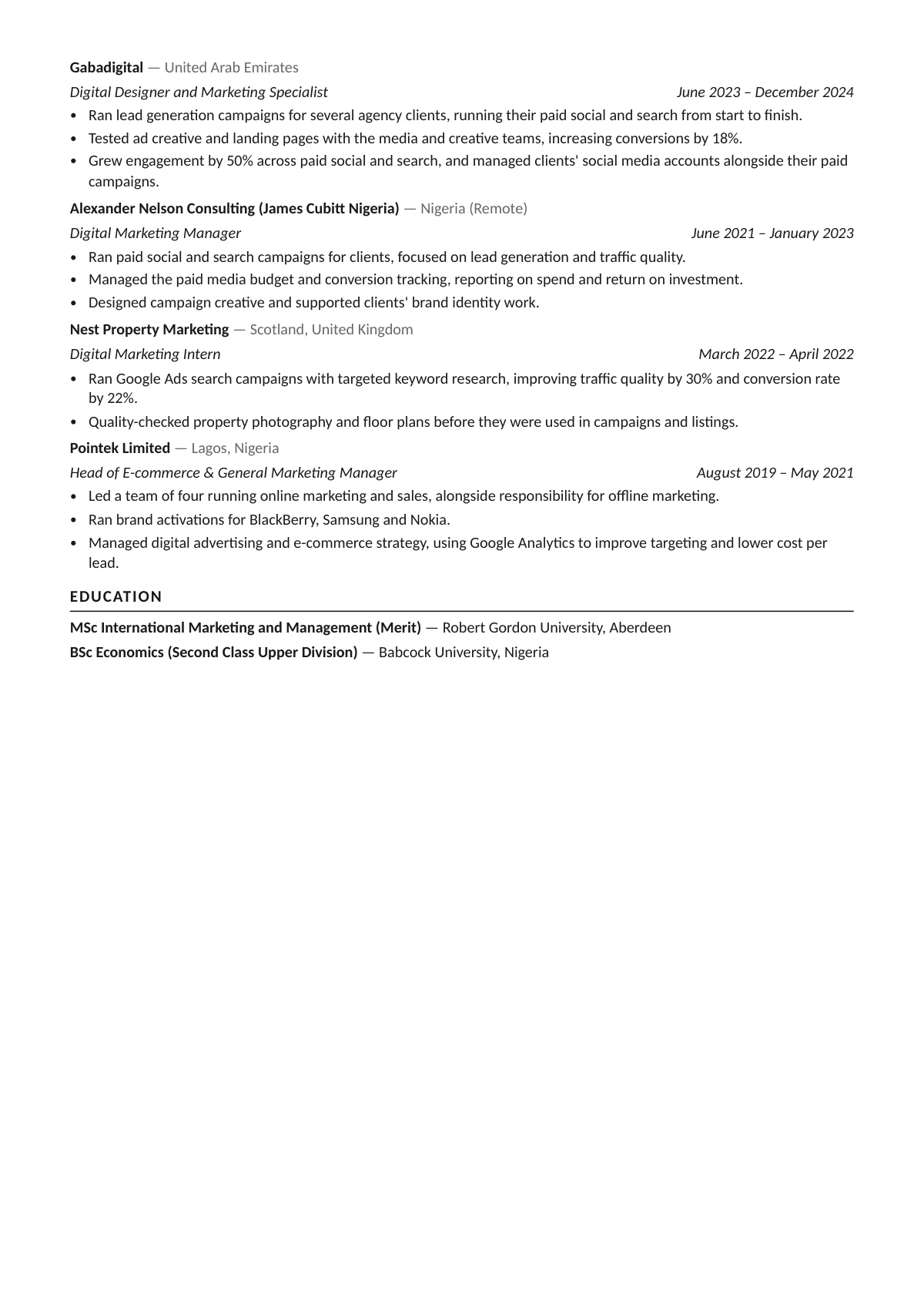 Christian Ibe CV, page 2: employment history continued and education